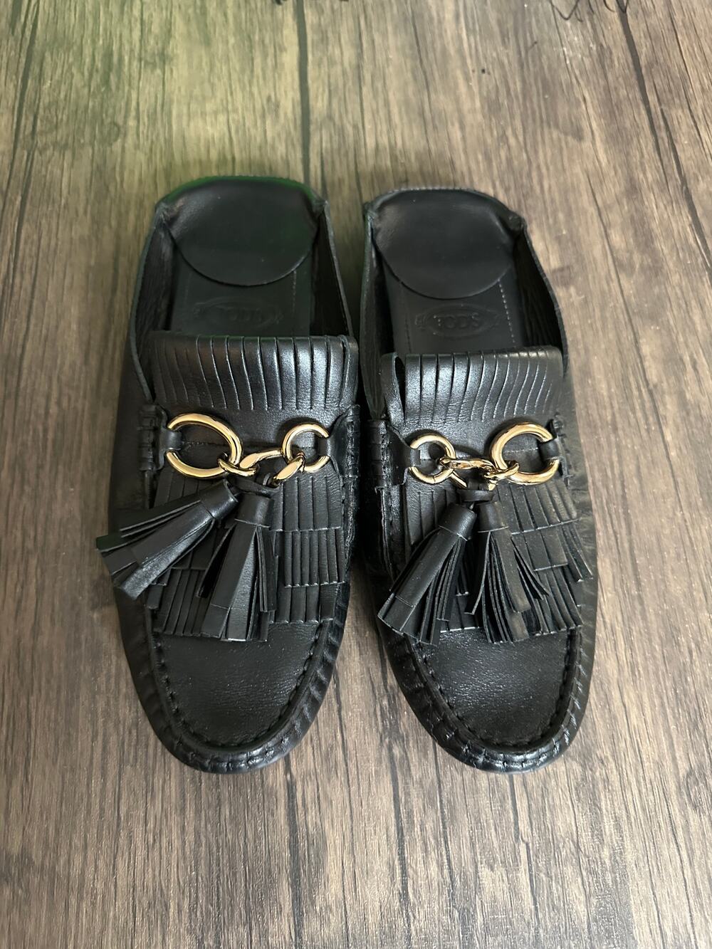 Tod's Black Leather Gommino Tassel Mules Womans 39/ US 8.5